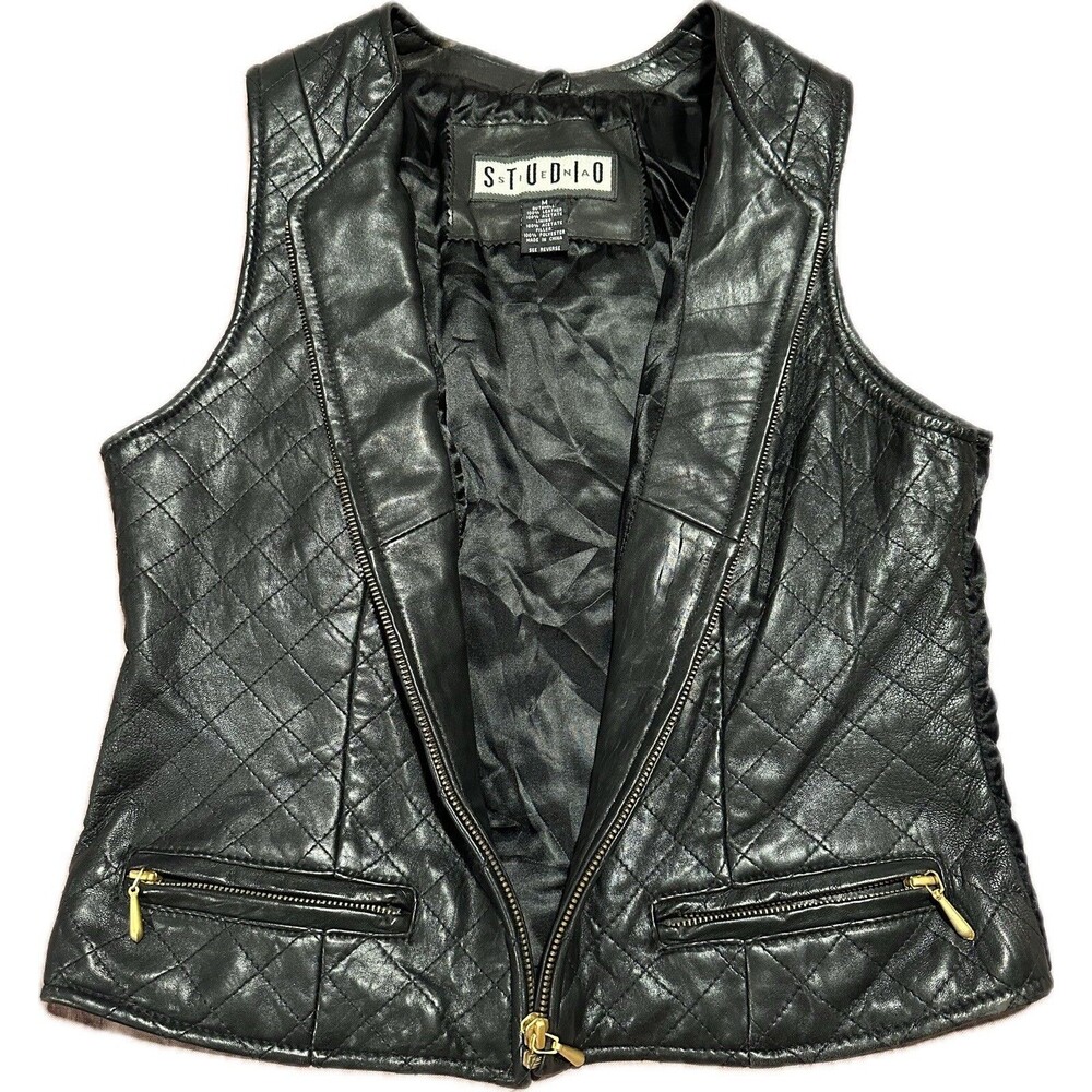 Vintage Black STUDIO Siena Quilted Leather Vest Medium